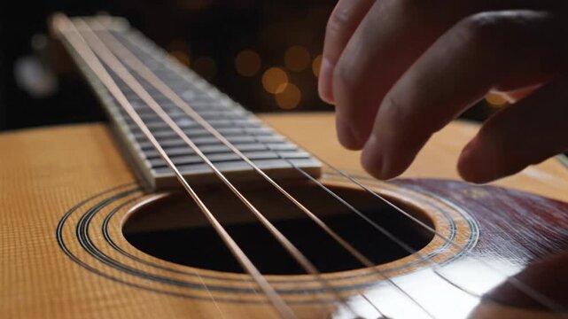 Fingers Gently Strumming Acoustic Guitar Strings &ndash; Cinematic 4K Macro ASMR Concept