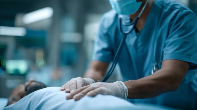 doctor assisting emergency case with stethoscope in trauma bay muted alarm beeps urgent care authentic scene three quarter wide angle cinematic color correction gentle backlight