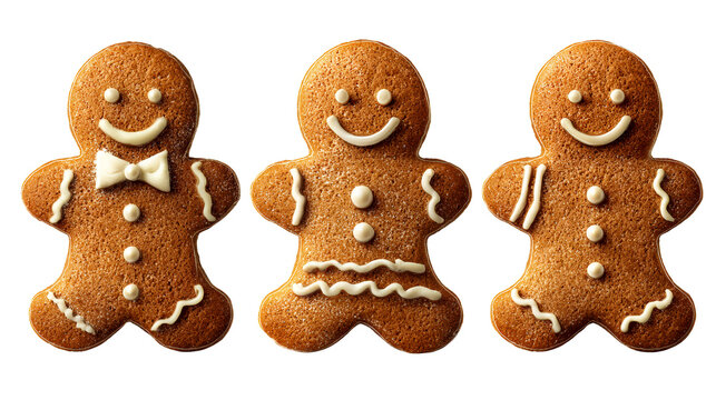 Three smiling gingerbread cookies with white icing decoration