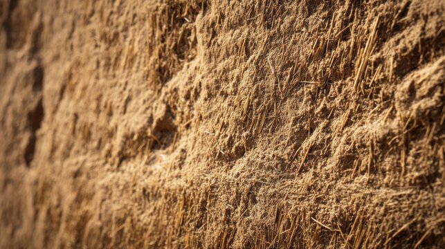 rough clay wall with small imperfections and embedded straw texture, illuminated by warm sunlight, artisanal craftsmanship aesthetic