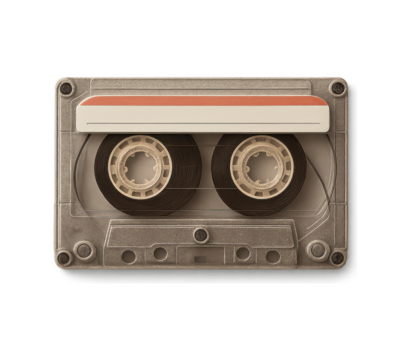 Vintage clear plastic audio cassette tape with orange and white label against a stark black background