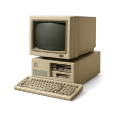 Vintage beige desktop computer with crt monitor and keyboard isolated on a black background representing retro technology and computing history