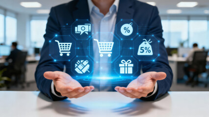 Businessman shows loyalty reward incentive program for customer marketing ecommerce with focused expression