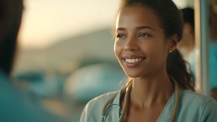doctor examining patient with stethoscope in clean hospital room warm daylight soft equipment hum compassionate care three quarter wide angle cinematic color correction gentle