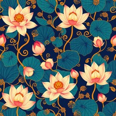Lotus patten,Traditional Indian Folk Art Seamless Pattern with Lotus Flowers and Lily Pads. Ethnic Floral Background on Dark Blue.