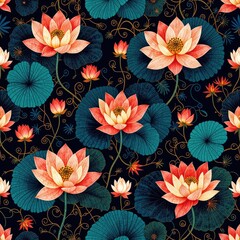 Lotus patten,Traditional Indian Folk Art Seamless Pattern with Lotus Flowers and Lily Pads. Ethnic Floral Background on Dark Blue.