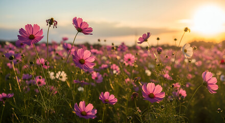 Pink Wildflowers Blooming in Meadow During Warm Sunset