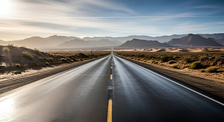 Naklejka premium Long Straight Road Leading Toward Distant Mountains Under Blue Sky