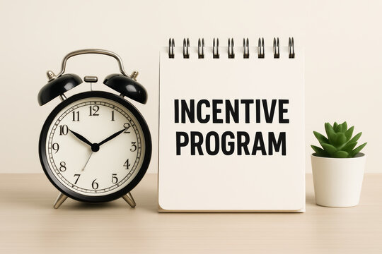 Motivational incentive program concept with an alarm clock and notepad on business desk for reward strategy