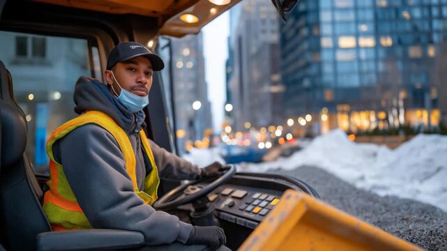A city worker, their face shielded, operates a salt truck, its spreader grinding grains onto a street. Snow banks, their surfaces crusty, line the road, its asphalt slick. A radio crackles in the