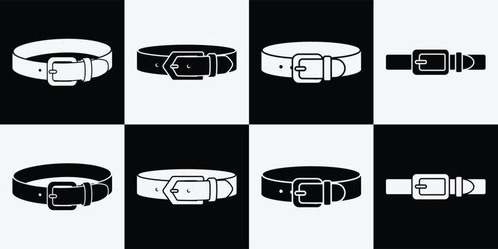 Monochrome checkered pattern featuring a variety of belt designs, showcasing different styles and buckle types, creating a visually appealing composition