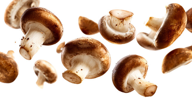 Flying brown mushrooms with gills and stems