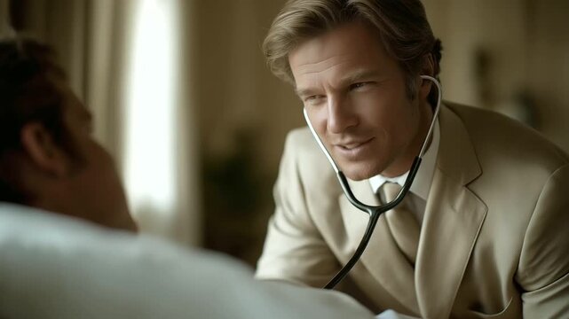 doctor leaning over patient with stethoscope checking lungs muted background compassionate interaction three quarter wide angle cinematic color correction gentle backlight clean