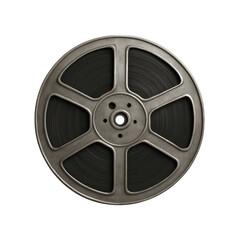 Vintage metal film reel with dark grainy celluloid film wound around the spool against a stark black background