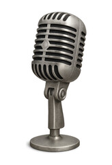 Vintage silver microphone with a classic retro design isolated on a black background for music and broadcasting
