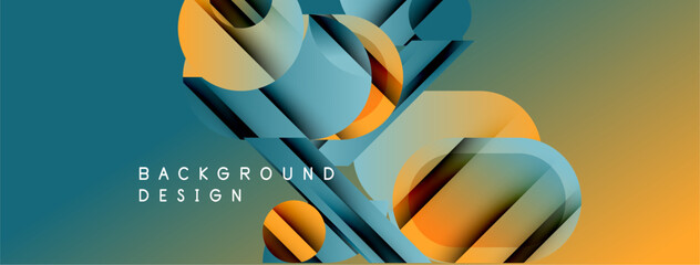 Abstract geometric shapes overlap, creating dynamic visual texture. Gradient colors blend from teal to gold. Modern design element for backgrounds.