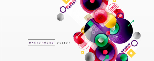 Fototapeta premium Abstract colorful shapes overlap, creating dynamic background design. Circles, gradients, dots form modern composition.
