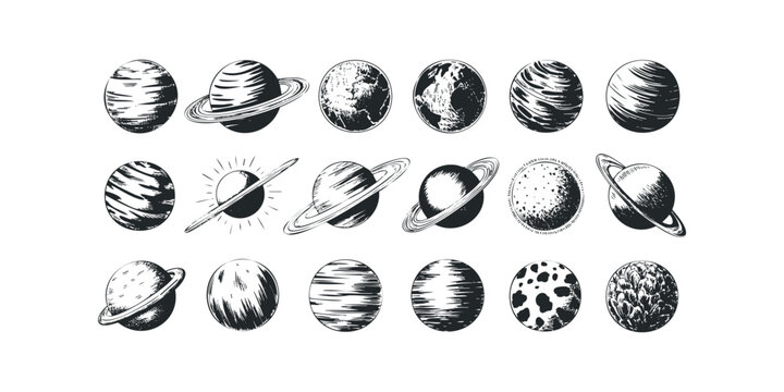 Collection of Hand Drawn Planets and Celestial Bodies
