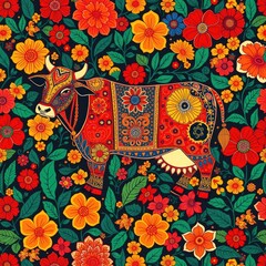 Cow patten, Vibrant Folk Art Cow and Floral Seamless Pattern. Bohemian Ethnic Style Design with Flower Crown.