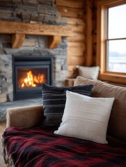 Fototapeta premium A warm and inviting living room featuring a stone fireplace, comfortable couch, and decorative pillows, perfect for relaxation during winter.