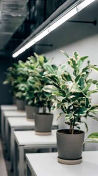 Row of Potted Ficus Plants Under Artificial Grow Lights. Vertical Video Format