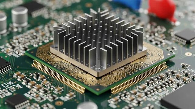 Close-up view of a microchip on a computer circuit board, depicting modern technology