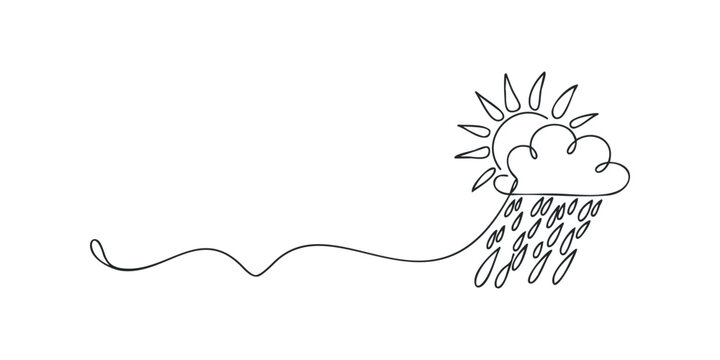 Continuous line drawing of sun with rain cloud