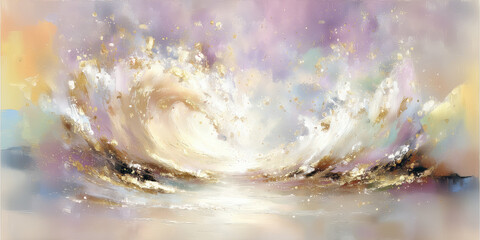 Abstract Acrylic Painting With Flowing Golden Waves And Light Pastel Background