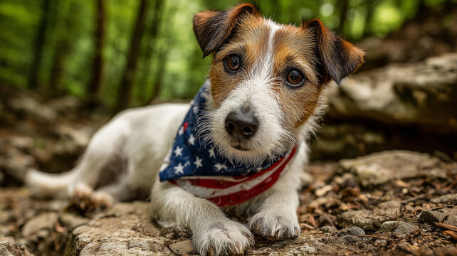 Jack Russell Terrier shows patriotic spirit in a woodland setting - Powered by Adobe