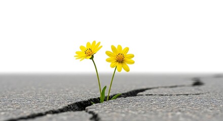 Two yellow flowers growing through a crack in asphalt, isolated on white background