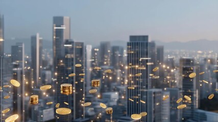 Abstract cityscape overlaid with glowing floating financial icons such as coins, banknotes, and graphs, symbolizing urban economic growth, investment opportunities, online banking, and global - Powered by Adobe