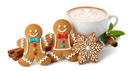 Gingerbread man cookies with a cup of coffee and cinnamon sticks