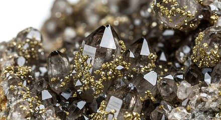 Closeup of a smoky quartz crystal cluster with pyrite inclusions