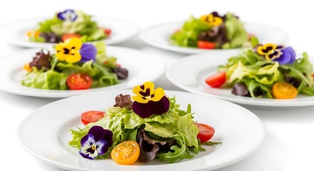 Four elegant individual salads garnished with edible flowers and cherry tomatoes, presented on white plates
