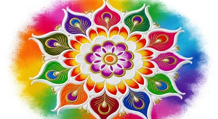 Intricate and colorful rangoli design made with colored powder, symbolizing good luck and prosperity