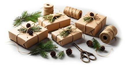 Handwrapped gifts with natural twine, pine sprigs, and pinecones, presented on a white background