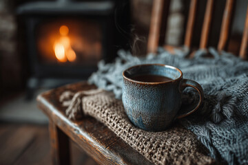 Fototapeta premium Warm tea mug resting on a cozy chair near a flickering fireplace