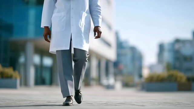 doctor walking past hospital sign with stethoscope and badge bright day soft footsteps authentic healthcare three quarter wide angle cinematic color correction gentle backlight
