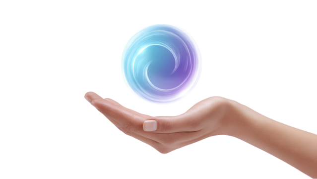 Hand Holding Abstract Energy Sphere: Concept of Power, Potential, and Healing on White