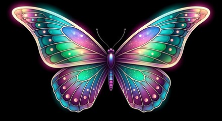 A vibrant and luminous butterfly with iridescent wings, detailed patterns, and a magical glow