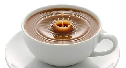 A splash of cream falling into a cup of coffee, isolated on white background