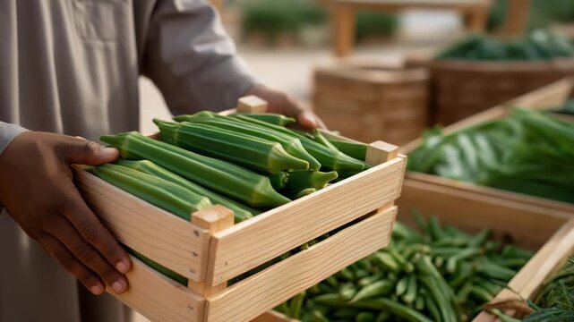 Botanical garden tour with Egyptian guide stacking okra and molokhia in wooden crates for visitor sampling, exotic organic farming, garden vegetable arrangement, sustainable tour harvest, cultural