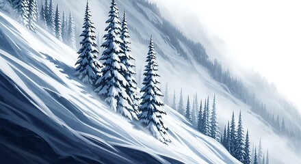 Snowcovered pine trees on a steep, misty mountain slope in winter