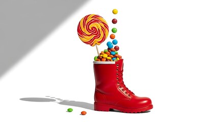 Red boot filled with colorful candies and a lollipop, isolated on white background