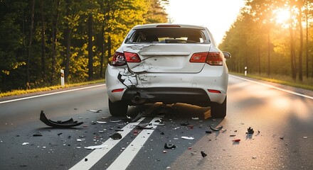 Damaged car on the road after a car accident at sunset
