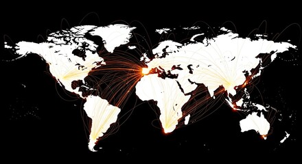 Global flight paths visualized on a world map, showing major air travel routes and hubs across continents