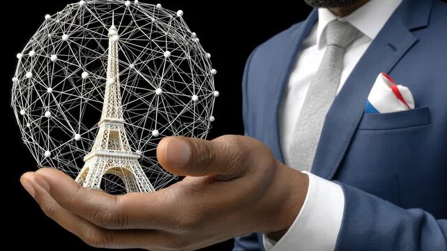 Man in suit holds miniature Eiffel Tower inside a geometric sphere, showcasing modern design and innovation in Paris