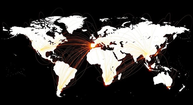 Global flight paths visualized on a world map, showing major air travel routes and hubs across continents