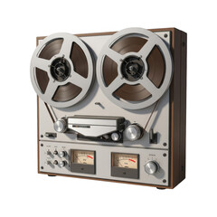 Vintage reel to reel tape recorder with two large spools of magnetic tape on a dark background