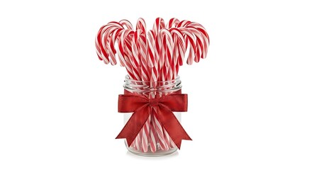 A jar filled with candy canes and tied with a red bow, isolated on white background